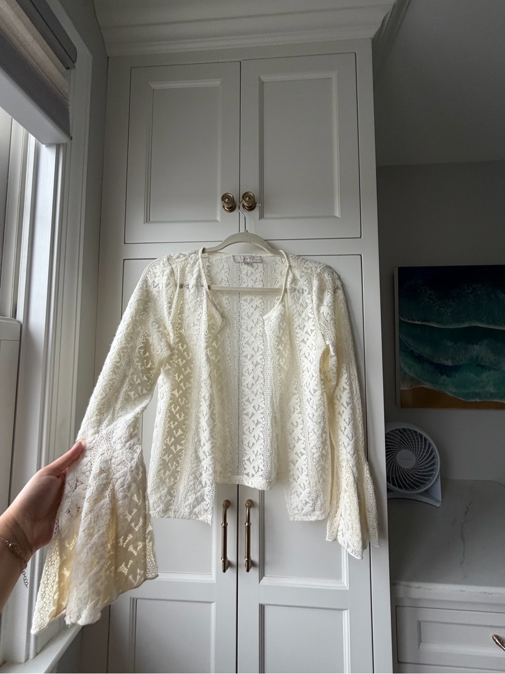 LOFT Cream Lace Open Cardigan with Bell Sleeves